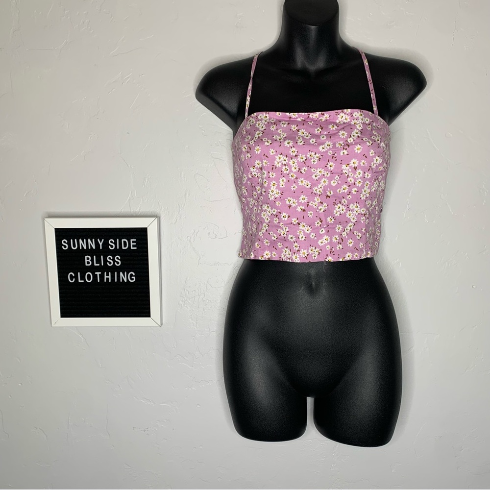 Zara Purple Floral Lace Up Open Back Crop Tank Medium Daisy Print Summer Top